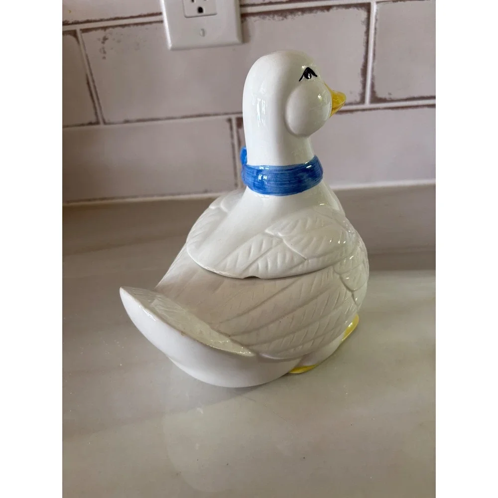 Vintage Ceramic Duck Jar White Goose Blue Bow Farmhouse Cottagecore Decor